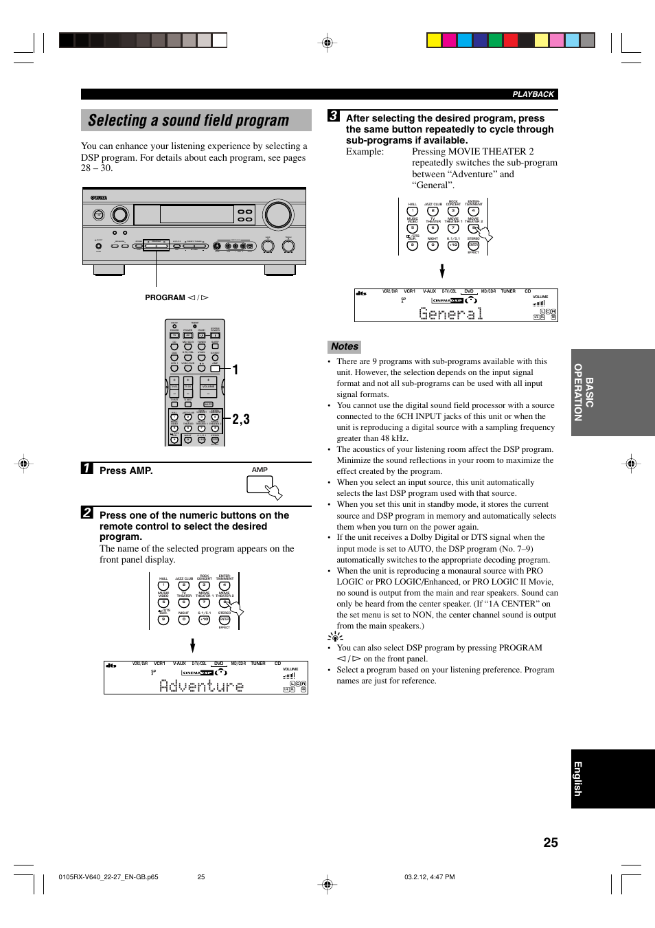 Selecting a sound field program, Adventure, General | English, Basic opera tion, Press amp, Set menu next, Program l / h, Playback | Yamaha RX-V640RDS  EN User Manual | Page 27 / 67