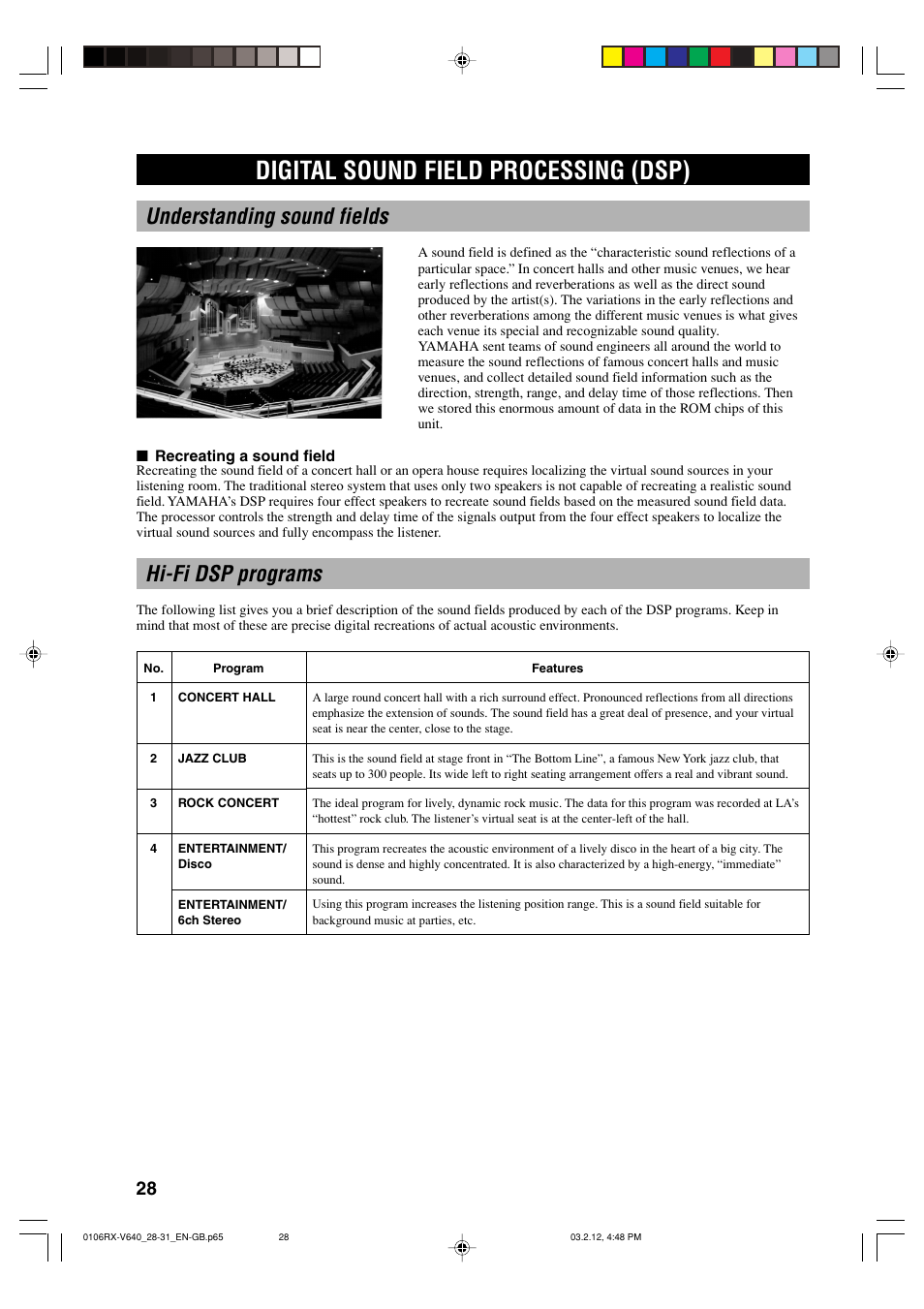 Digital sound field processing (dsp), Understanding sound fields, Hi-fi dsp programs | Yamaha RX-V640RDS  EN User Manual | Page 30 / 67