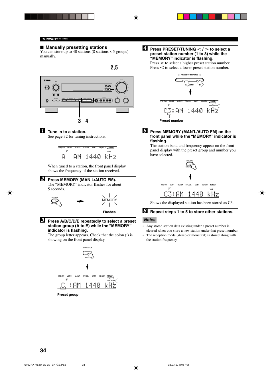 C : am 1440 khz, Aam 1440 khz, Manually presetting stations | Yamaha RX-V640RDS  EN User Manual | Page 36 / 67