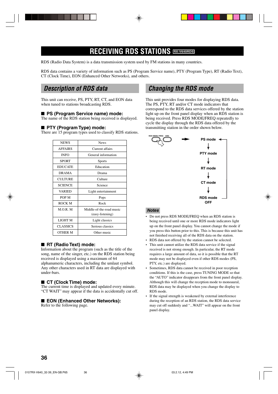 Receiving rds stations, Description of rds data, Changing the rds mode | Yamaha RX-V640RDS  EN User Manual | Page 38 / 67