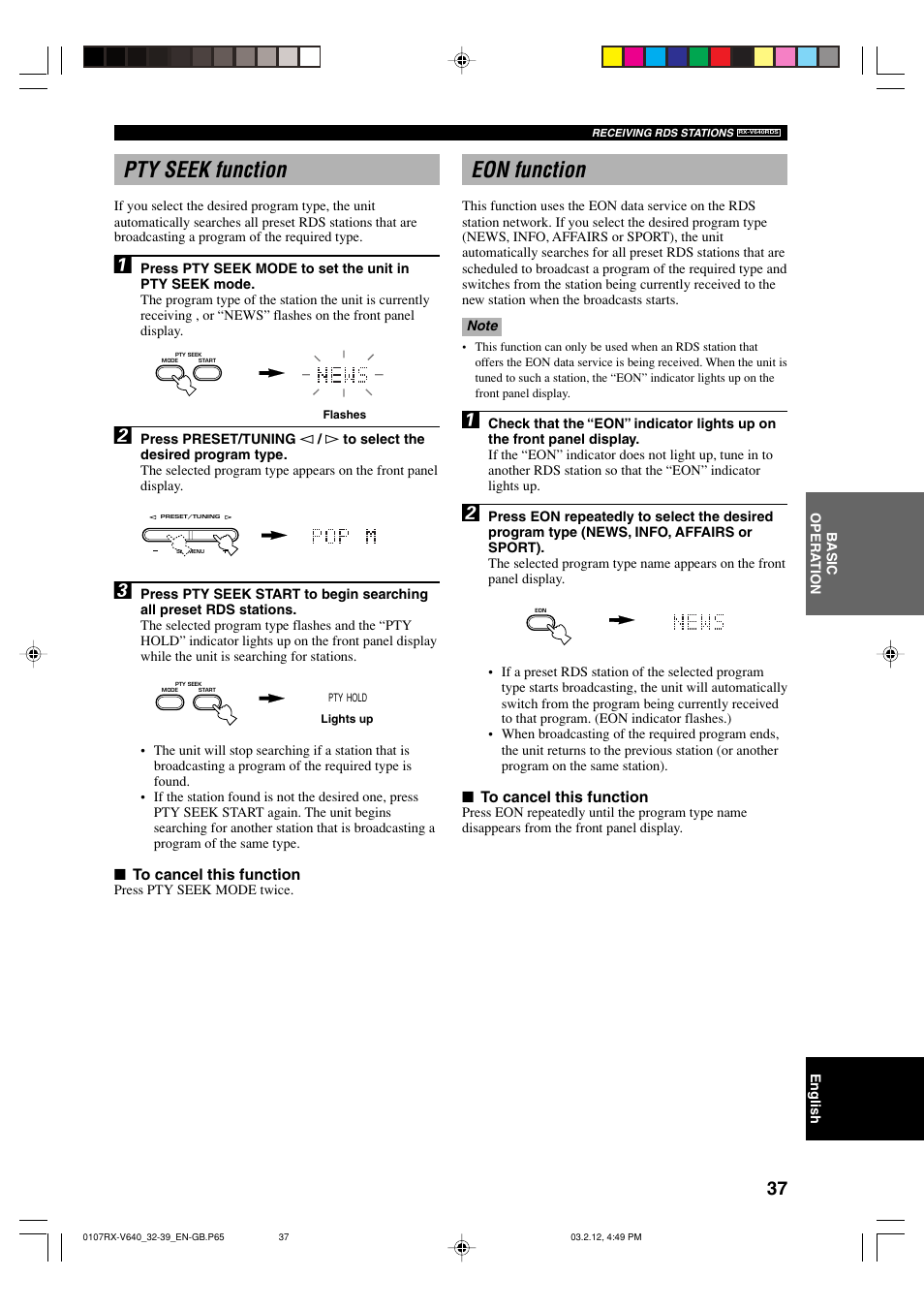 Pty seek function, Eon function | Yamaha RX-V640RDS  EN User Manual | Page 39 / 67