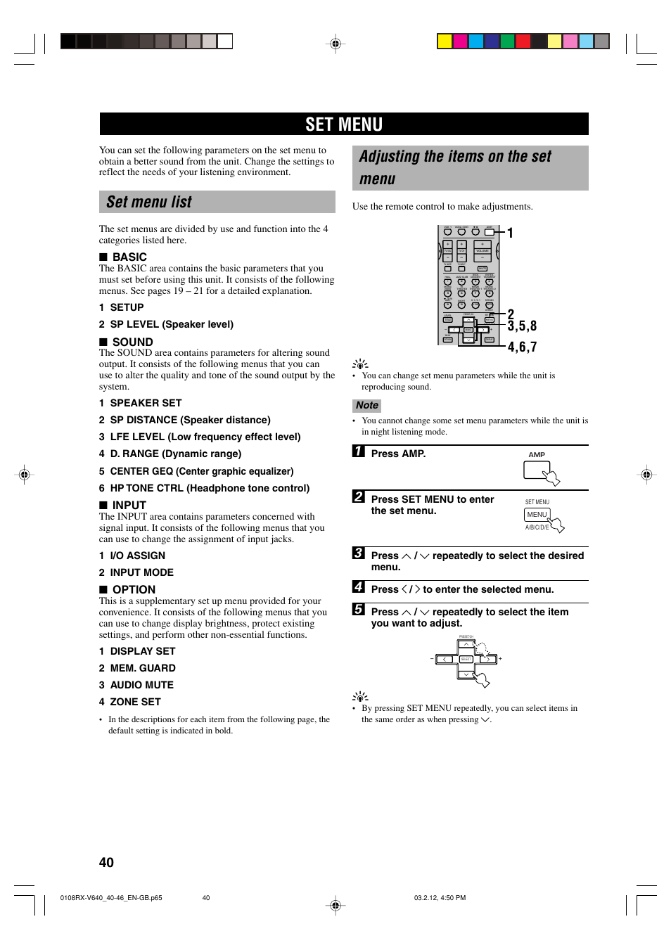 Advanced operation, Set menu, Set menu list | Adjusting the items on the set menu, Basic, Sound, Input, Option, Use the remote control to make adjustments, Press amp | Yamaha RX-V640RDS  EN User Manual | Page 42 / 67