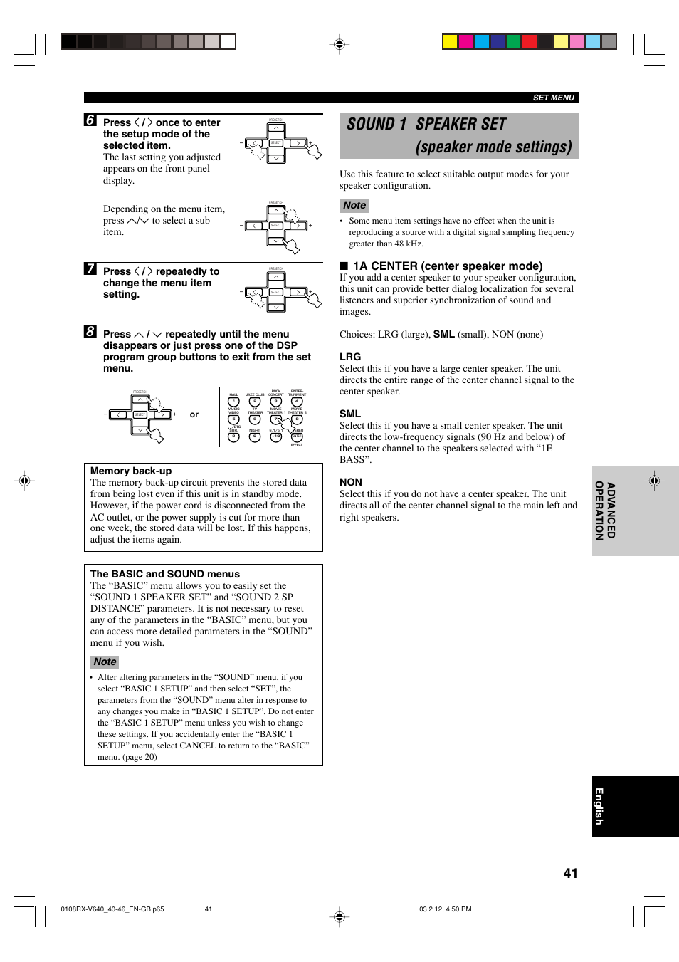 Sound 1 speaker set (speaker mode settings), 1a center (center speaker mode), English ad v anced opera tion | Yamaha RX-V640RDS  EN User Manual | Page 43 / 67