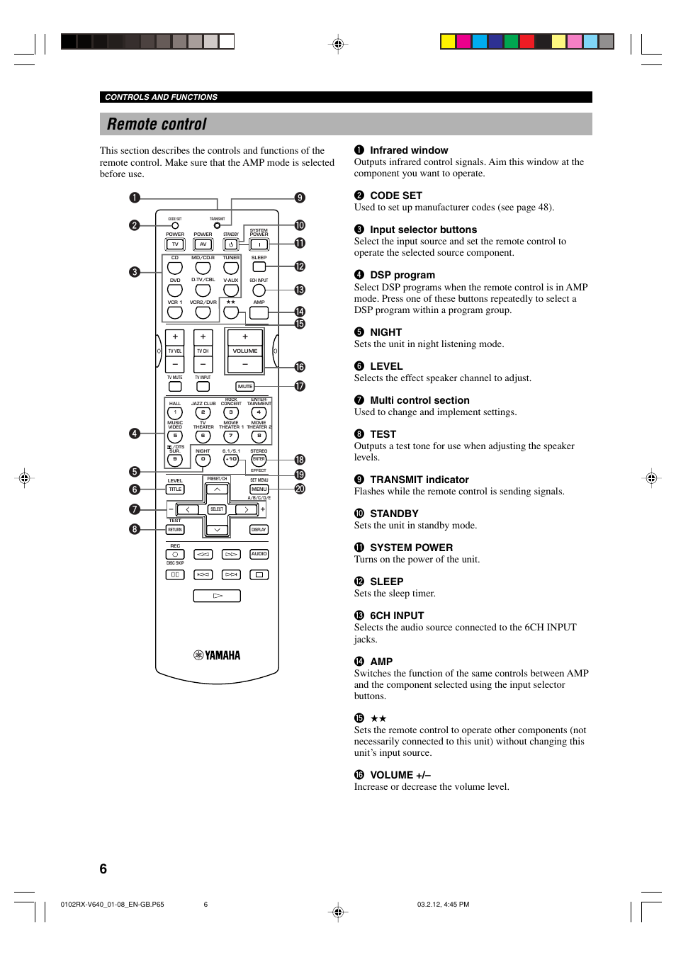 Remote control | Yamaha RX-V640RDS  EN User Manual | Page 8 / 67