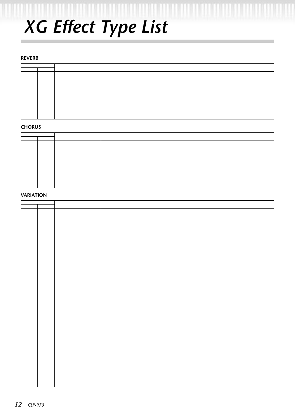 Xg effect type list, Xg effet type list, Reverb chorus variation | Clp-970 | Yamaha CLP-970M  EN User Manual | Page 12 / 36