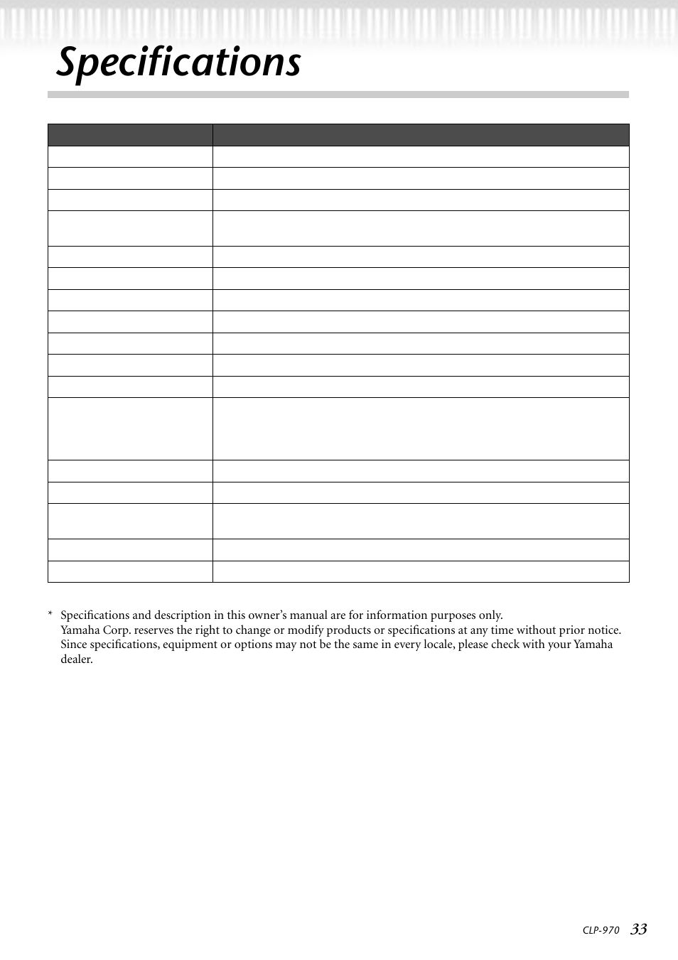 Specifications | Yamaha CLP-970M  EN User Manual | Page 33 / 36