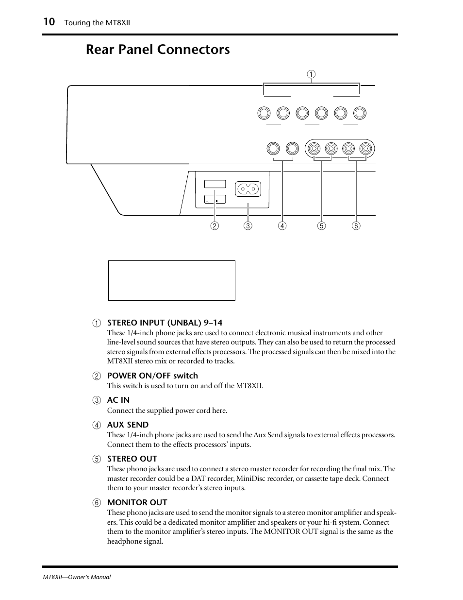 Rear panel connectors, Stereo input (unbal) 9–14, Power on/off switch | Ac in, Aux send, Stereo out, Monitor out, This switch is used to turn on and off the mt8xii, Connect the supplied power cord here | Yamaha MT8XII User Manual | Page 17 / 65