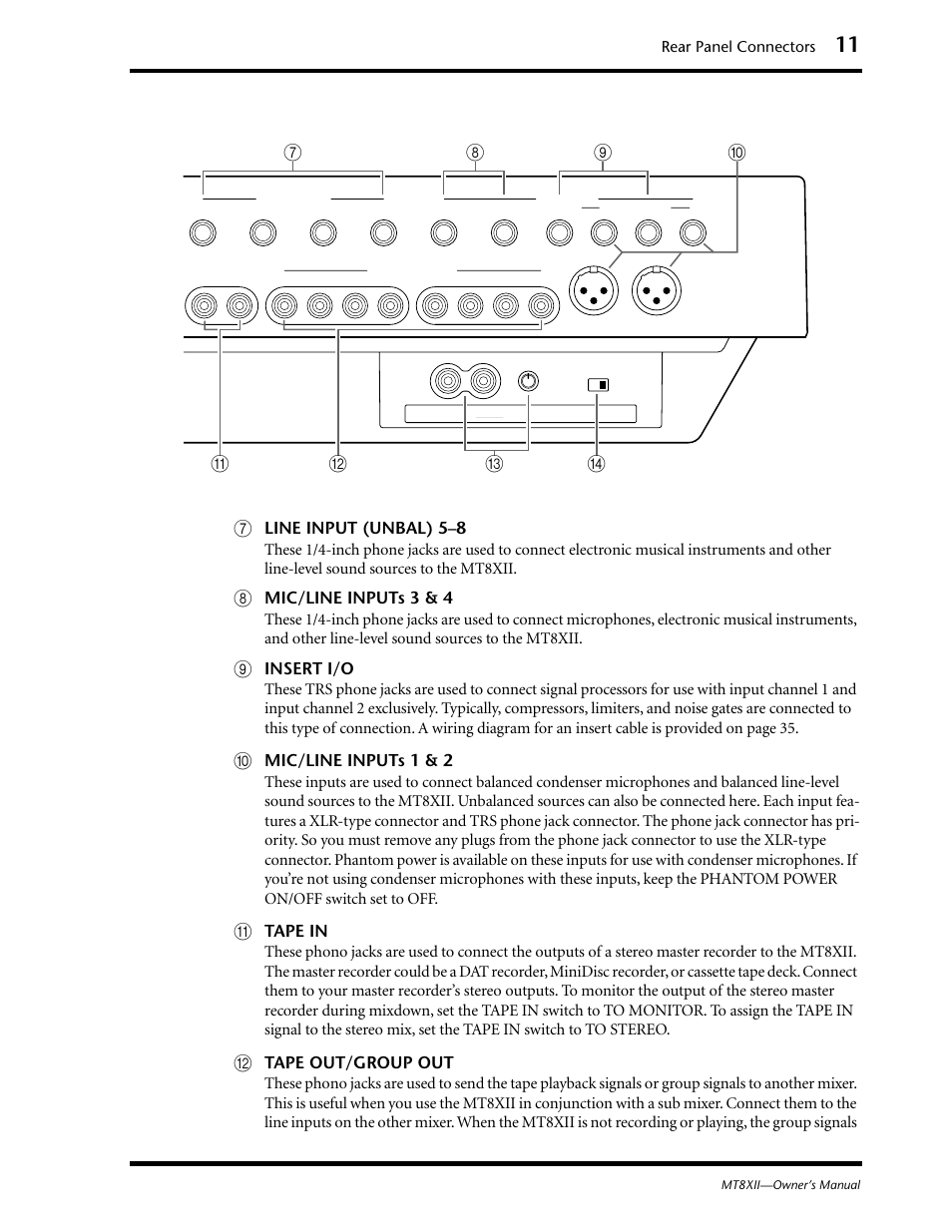 Line input (unbal) 5–8, Mic/line inputs 3 & 4, Insert i/o | Mic/line inputs 1 & 2, Tape in, Tape out/group out, Rear panel connectors | Yamaha MT8XII User Manual | Page 18 / 65