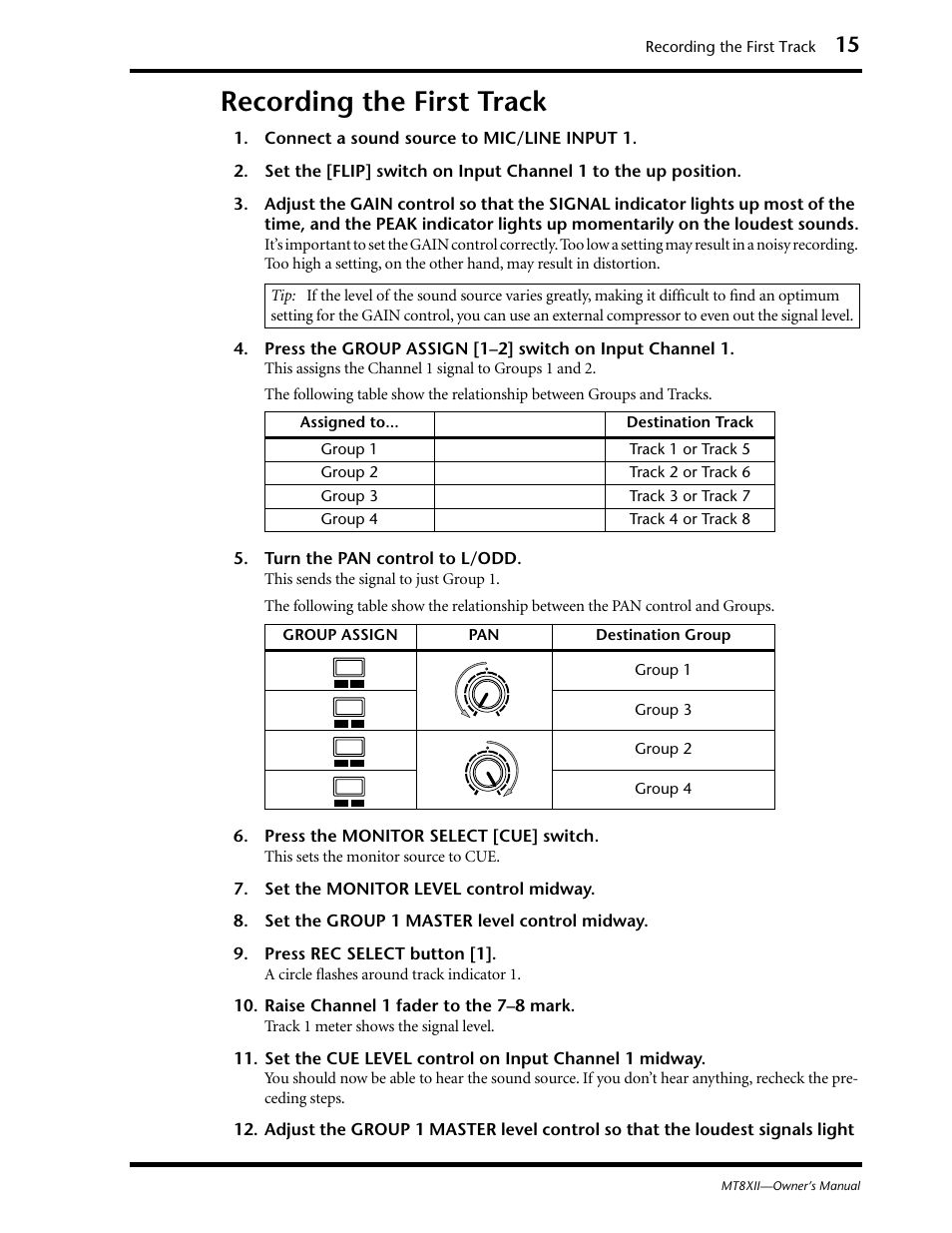Recording the first track | Yamaha MT8XII User Manual | Page 22 / 65