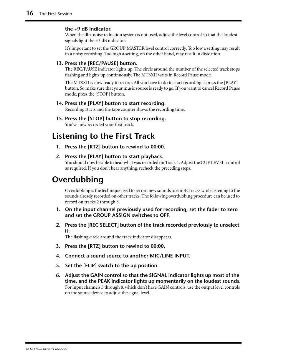 Listening to the first track, Overdubbing, Listening to the first track overdubbing | Yamaha MT8XII User Manual | Page 23 / 65