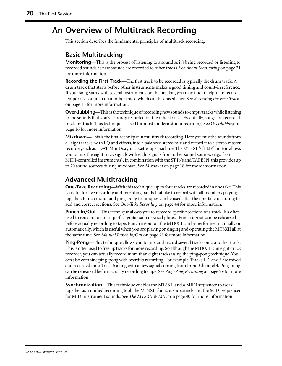 An overview of multitrack recording, Basic multitracking, Advanced multitracking | Yamaha MT8XII User Manual | Page 27 / 65