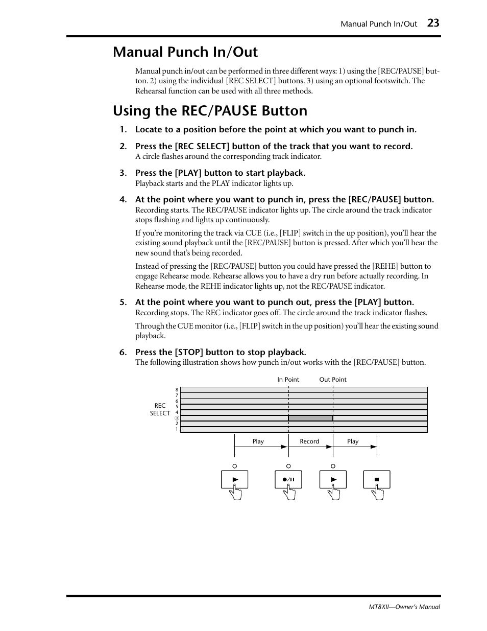 Manual punch in/out, Using the rec/pause button, Manual punch in/out using the rec/pause button | Yamaha MT8XII User Manual | Page 30 / 65