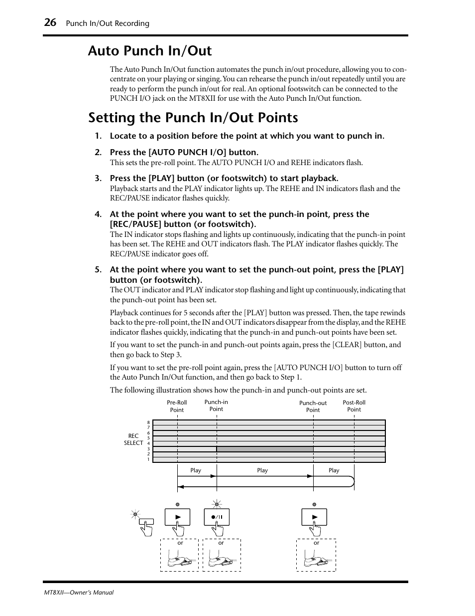 Auto punch in/out, Setting the punch in/out points, Auto punch in/out setting the punch in/out points | Yamaha MT8XII User Manual | Page 33 / 65