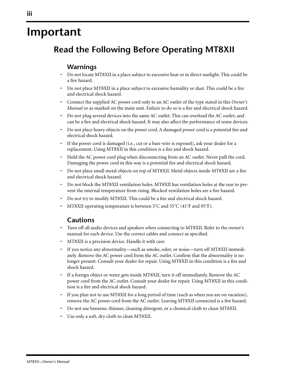 Important, Read the following before operating mt8xii | Yamaha MT8XII User Manual | Page 4 / 65