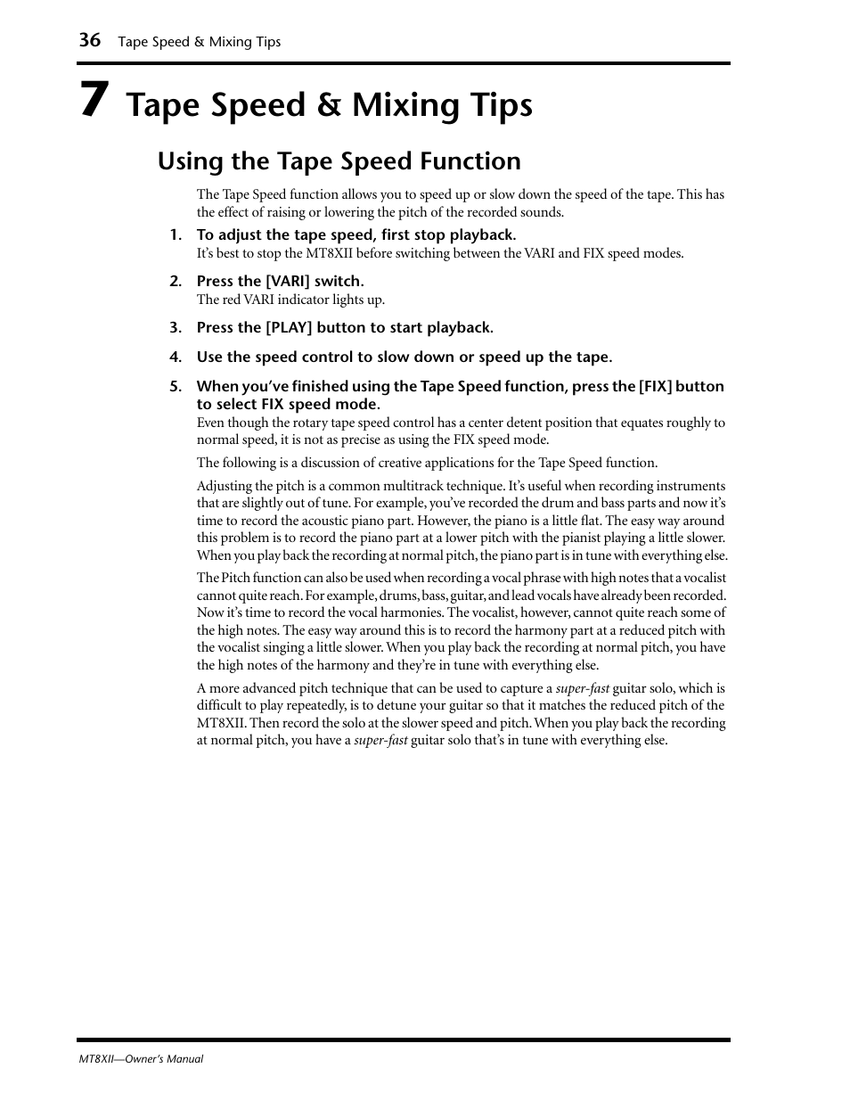 7 tape speed & mixing tips, Using the tape speed function, Tape speed & mixing tips | Yamaha MT8XII User Manual | Page 43 / 65