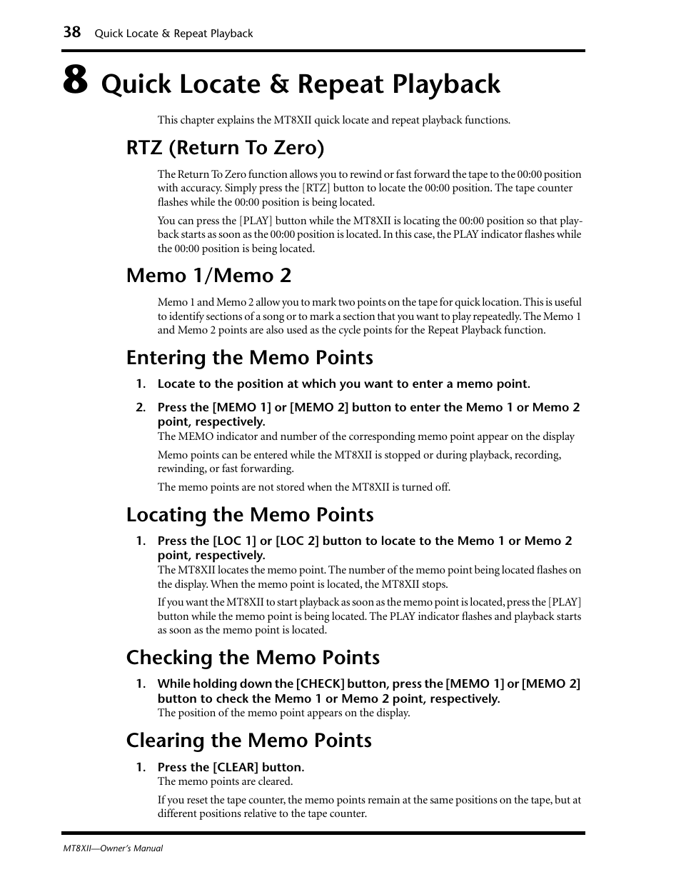 8 quick locate & repeat playback, Rtz (return to zero), Memo 1/memo 2 | Entering the memo points, Locating the memo points, Checking the memo points, Clearing the memo points, Quick locate & repeat playback | Yamaha MT8XII User Manual | Page 45 / 65