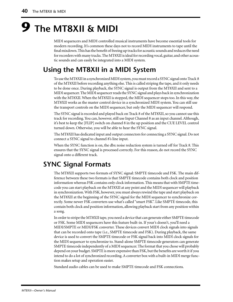 9 the mt8xii & midi, Using the mt8xii in a midi system, Sync signal formats | The mt8xii & midi | Yamaha MT8XII User Manual | Page 47 / 65