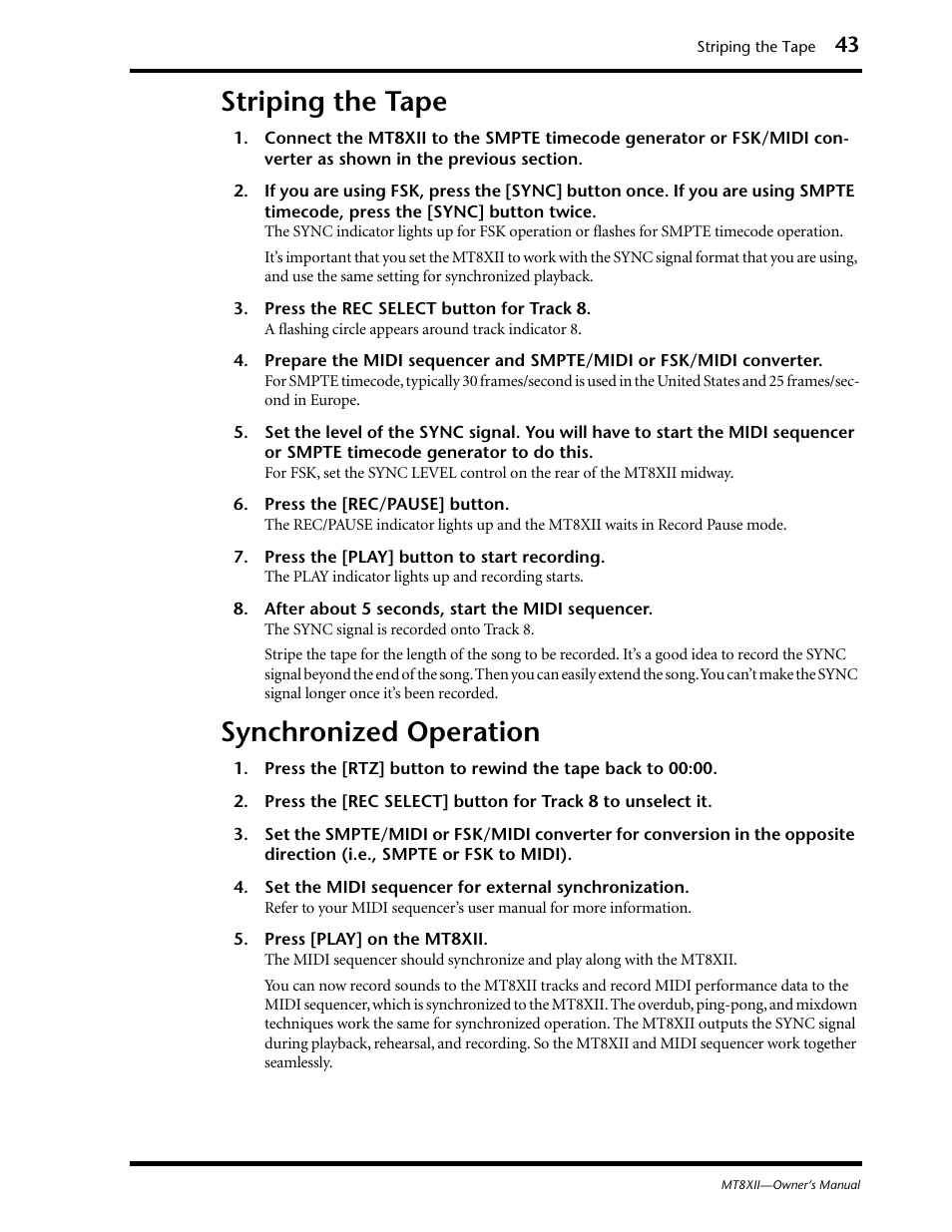 Striping the tape, Synchronized operation, Striping the tape synchronized operation | Yamaha MT8XII User Manual | Page 50 / 65