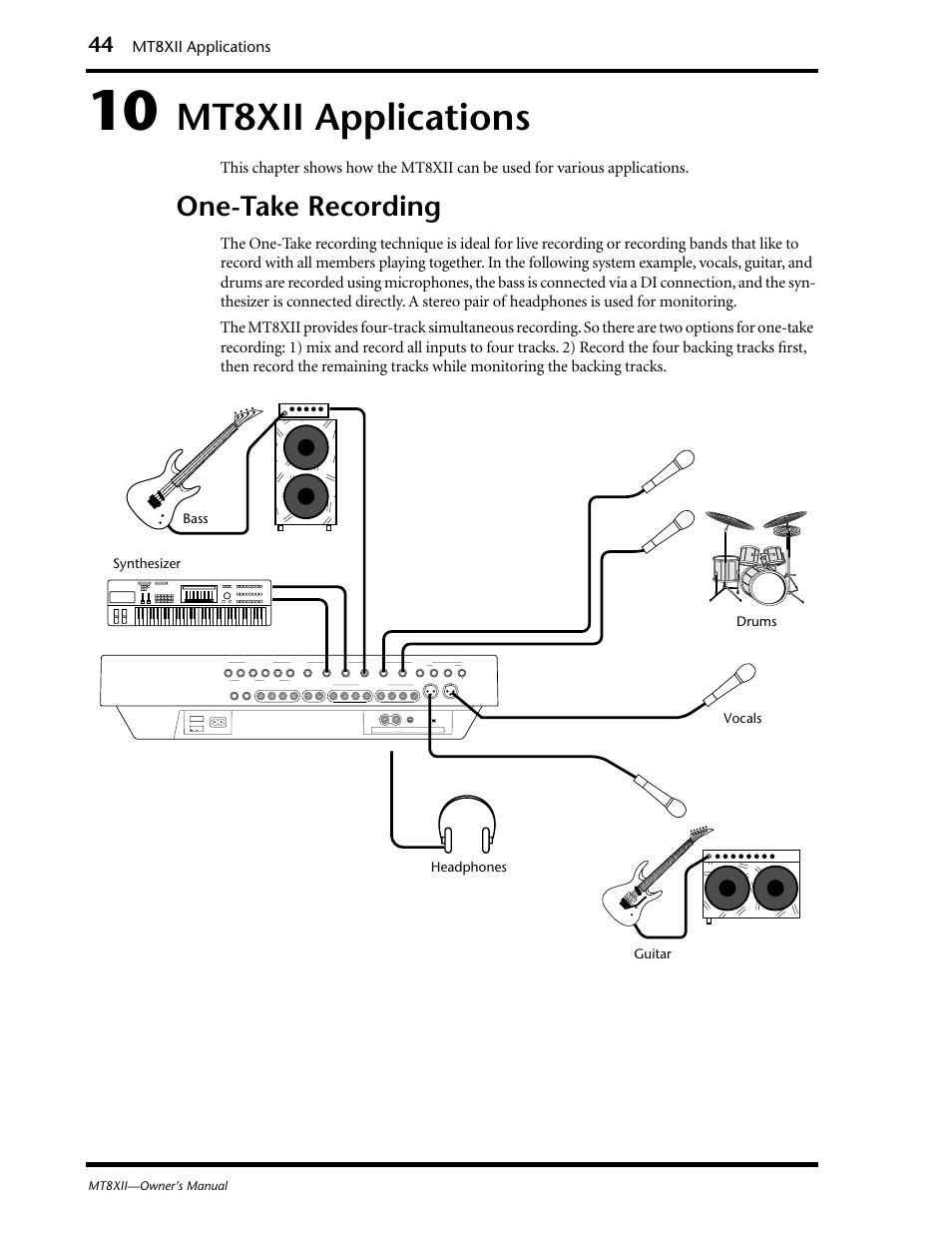 10 mt8xii applications, Onetake recording, Mt8xii applications | One-take recording, Synthesizer headphones vocals guitar bass drums, Mt8xii—owner’s manual | Yamaha MT8XII User Manual | Page 51 / 65