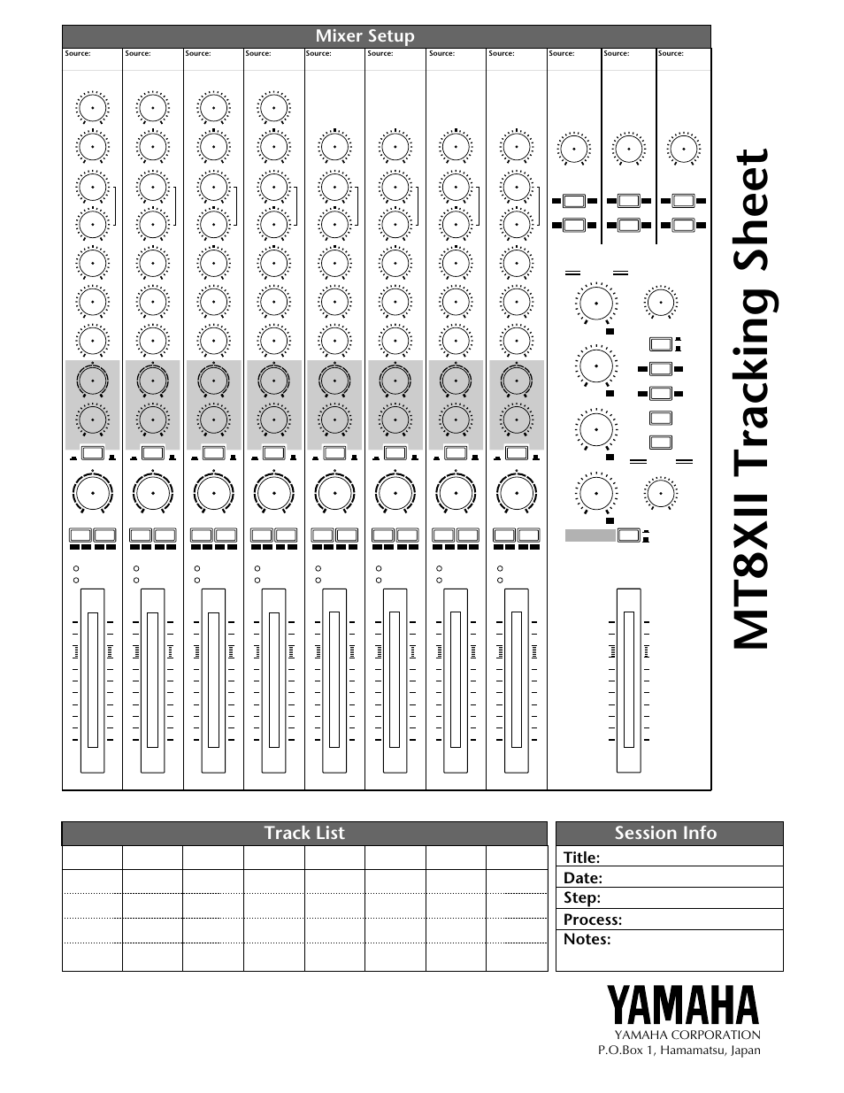 Mt8xii tracking sheet, Session info track list, Mixer setup | Title, Yamaha corporation p.o.box 1, hamamatsu, japan | Yamaha MT8XII User Manual | Page 65 / 65