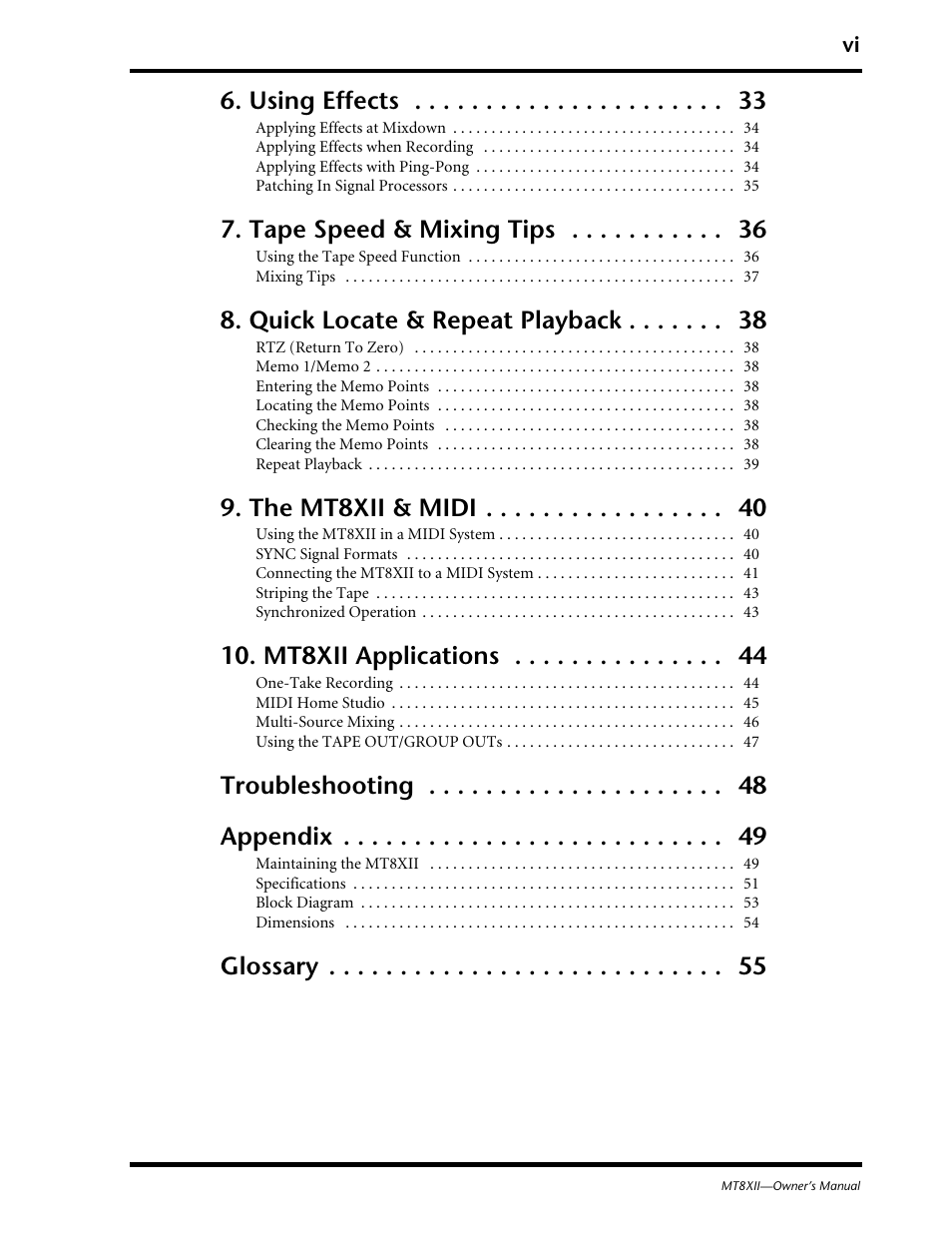 Using effects, Tape speed & mixing tips, Quick locate & repeat playback | The mt8xii & midi, Mt8xii applications, Troubleshooting appendix, Glossary | Yamaha MT8XII User Manual | Page 7 / 65