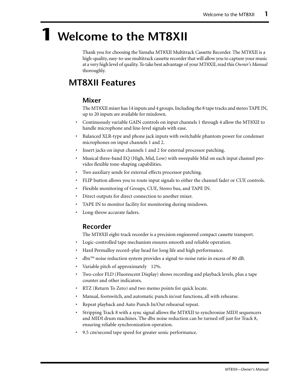 1 welcome to the mt8xii, Mt8xii features, Welcome to the mt8xii | Yamaha MT8XII User Manual | Page 8 / 65