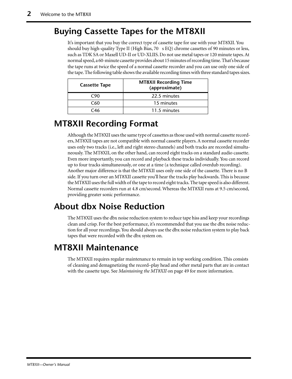 Buying cassette tapes for the mt8xii, Mt8xii recording format, About dbx noise reduction | Mt8xii maintenance | Yamaha MT8XII User Manual | Page 9 / 65