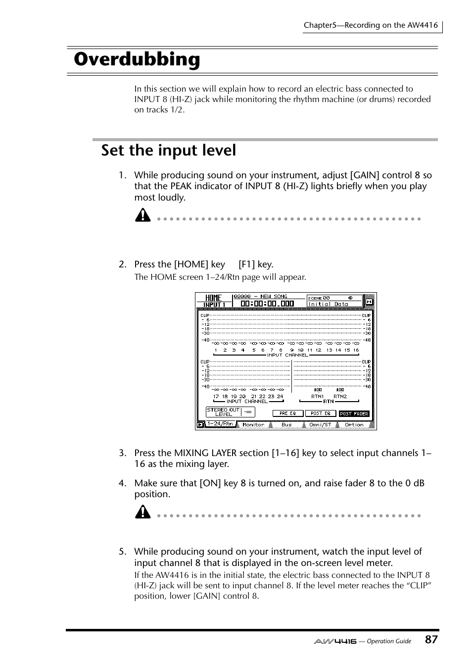 Overdubbing, Set the input level | Yamaha Professional Audio Workstation AW4416 User Manual | Page 102 / 507