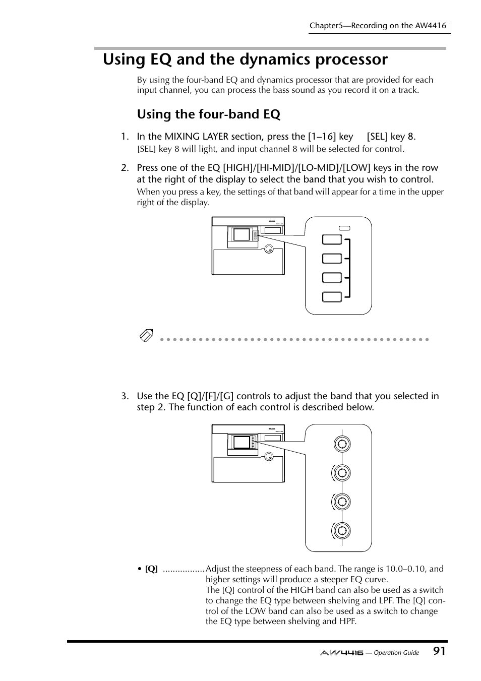 Using eq and the dynamics processor, Using the four-band eq | Yamaha Professional Audio Workstation AW4416 User Manual | Page 106 / 507