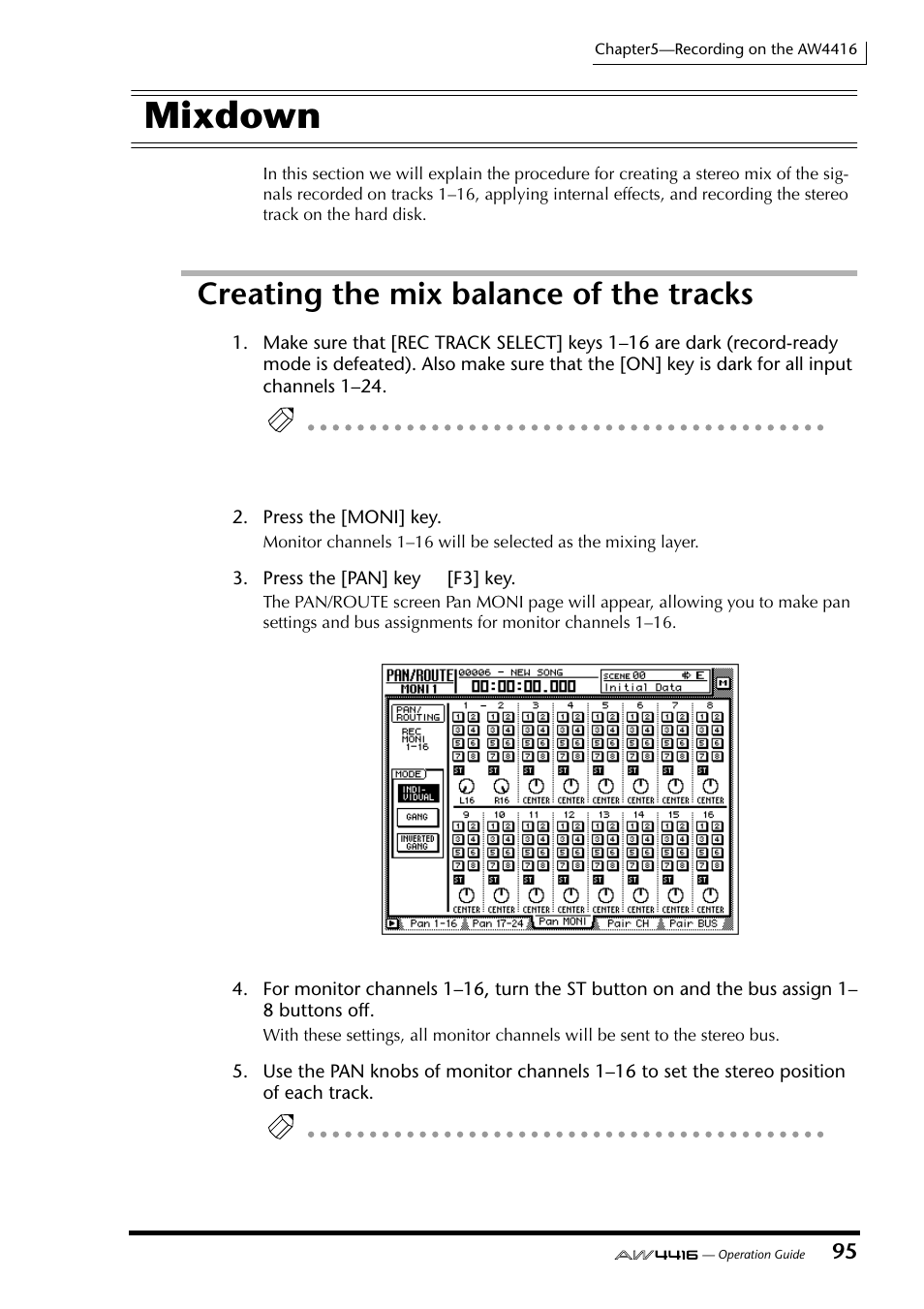 Mixdown, Creating the mix balance of the tracks | Yamaha Professional Audio Workstation AW4416 User Manual | Page 110 / 507