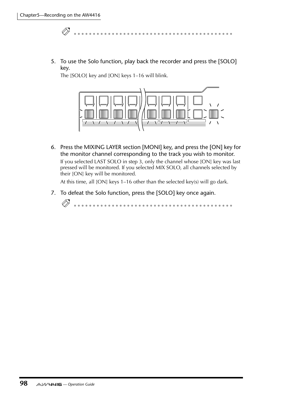 The [solo] key and [on] keys 1–16 will blink | Yamaha Professional Audio Workstation AW4416 User Manual | Page 113 / 507