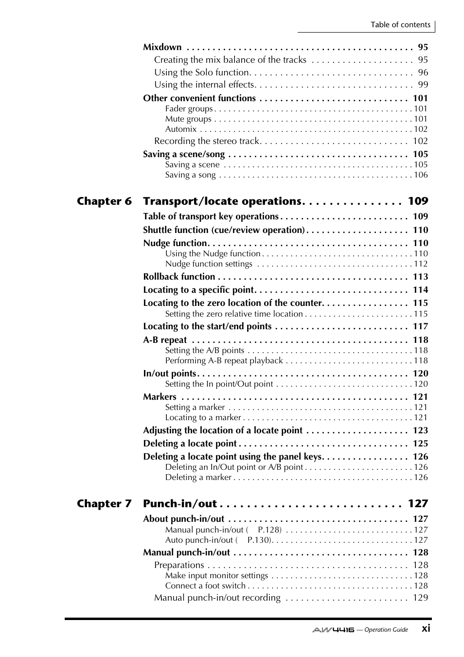 Chapter 6 transport/locate operations, Chapter 7 punch-in/out | Yamaha Professional Audio Workstation AW4416 User Manual | Page 12 / 507