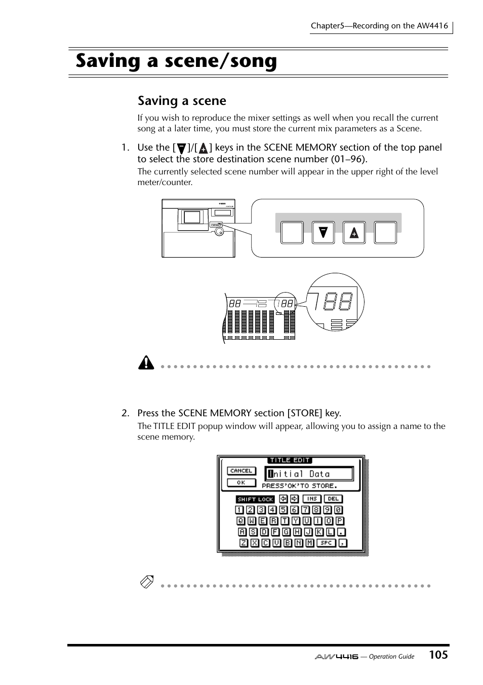 Saving a scene/song, Saving a scene | Yamaha Professional Audio Workstation AW4416 User Manual | Page 120 / 507
