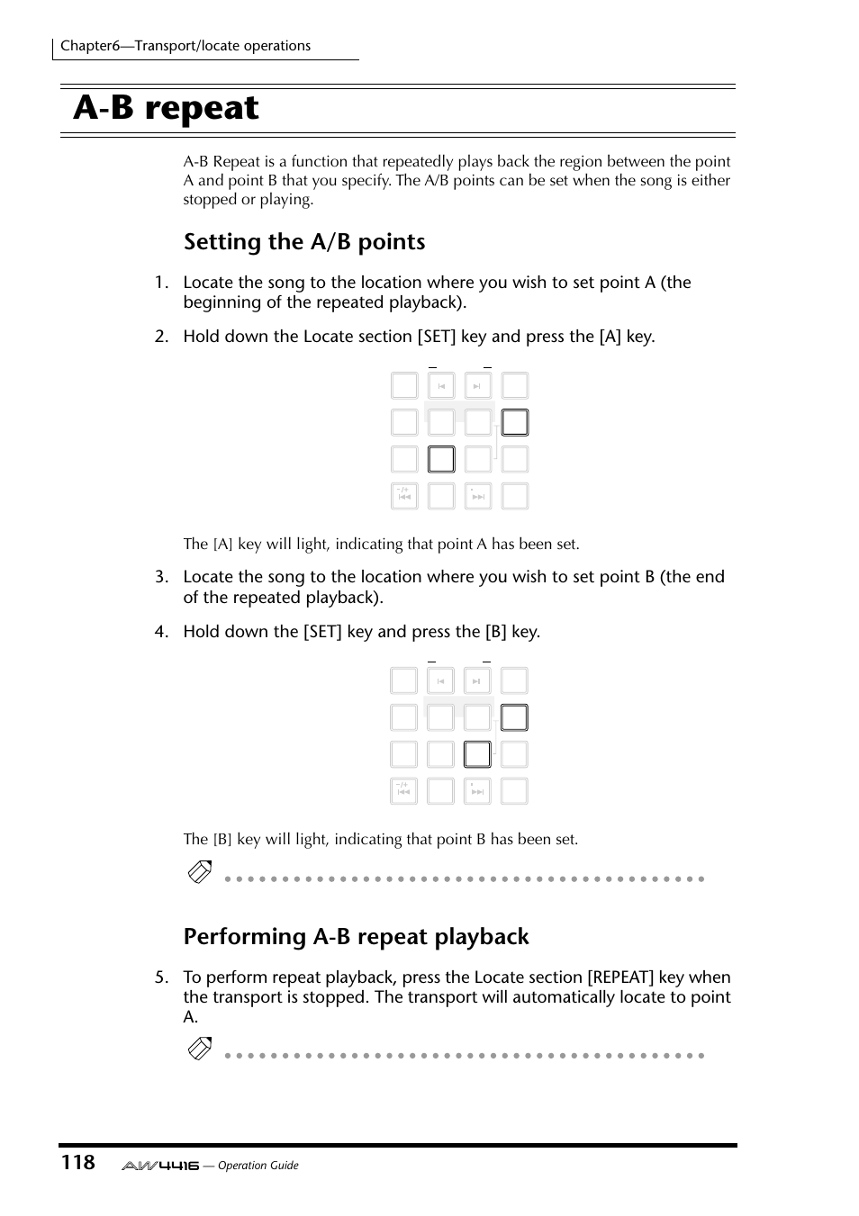 A-b repeat, Setting the a/b points, Performing a-b repeat playback | Chapter6—transport/locate operations | Yamaha Professional Audio Workstation AW4416 User Manual | Page 133 / 507