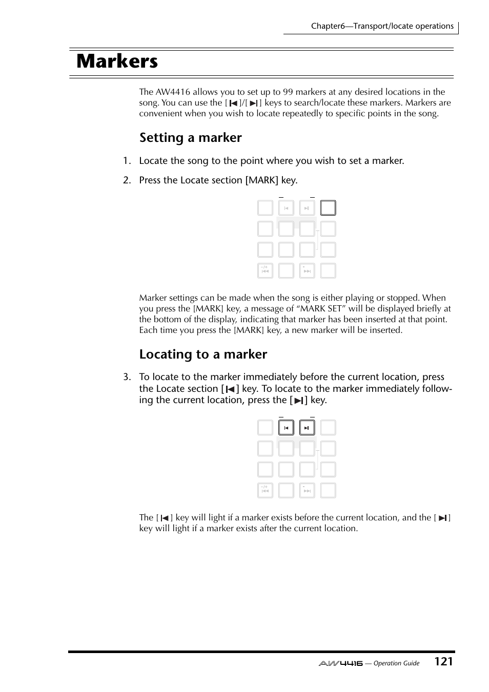 Markers, Setting a marker, Locating to a marker | Chapter6—transport/locate operations | Yamaha Professional Audio Workstation AW4416 User Manual | Page 136 / 507