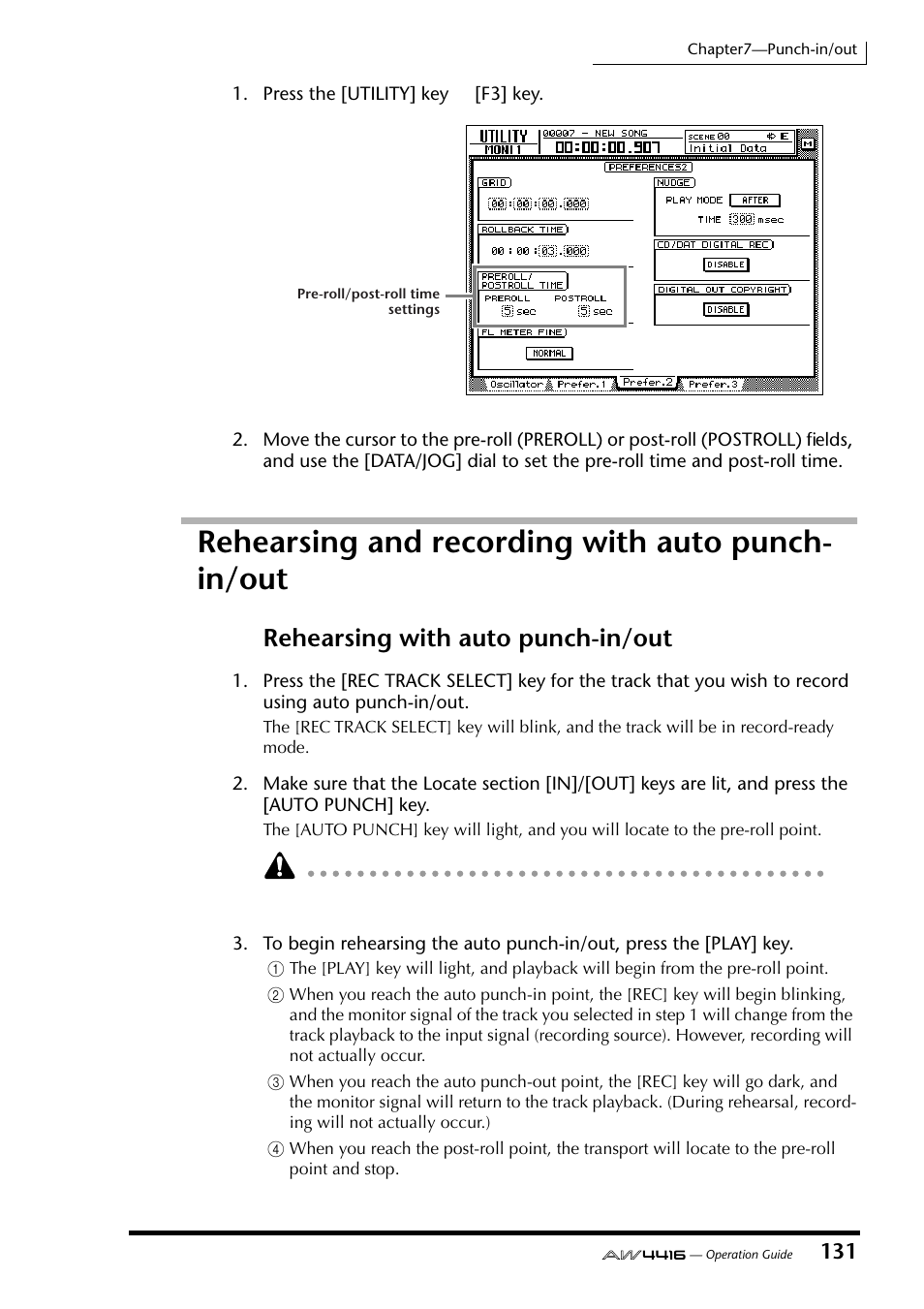 Rehearsing and recording with auto punch-in/ out, Rehearsing and recording with auto punch-in/out, Rehearsing with auto punch-in/out | Rehearsing and recording with auto punch- in/out | Yamaha Professional Audio Workstation AW4416 User Manual | Page 146 / 507