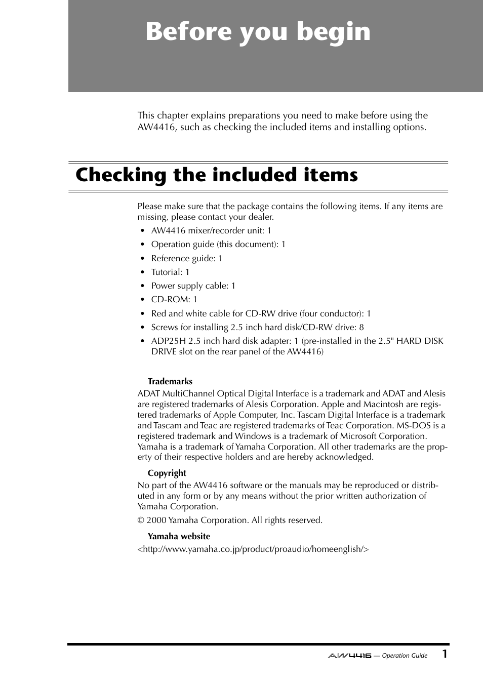 Before you begin, Checking the included items | Yamaha Professional Audio Workstation AW4416 User Manual | Page 16 / 507