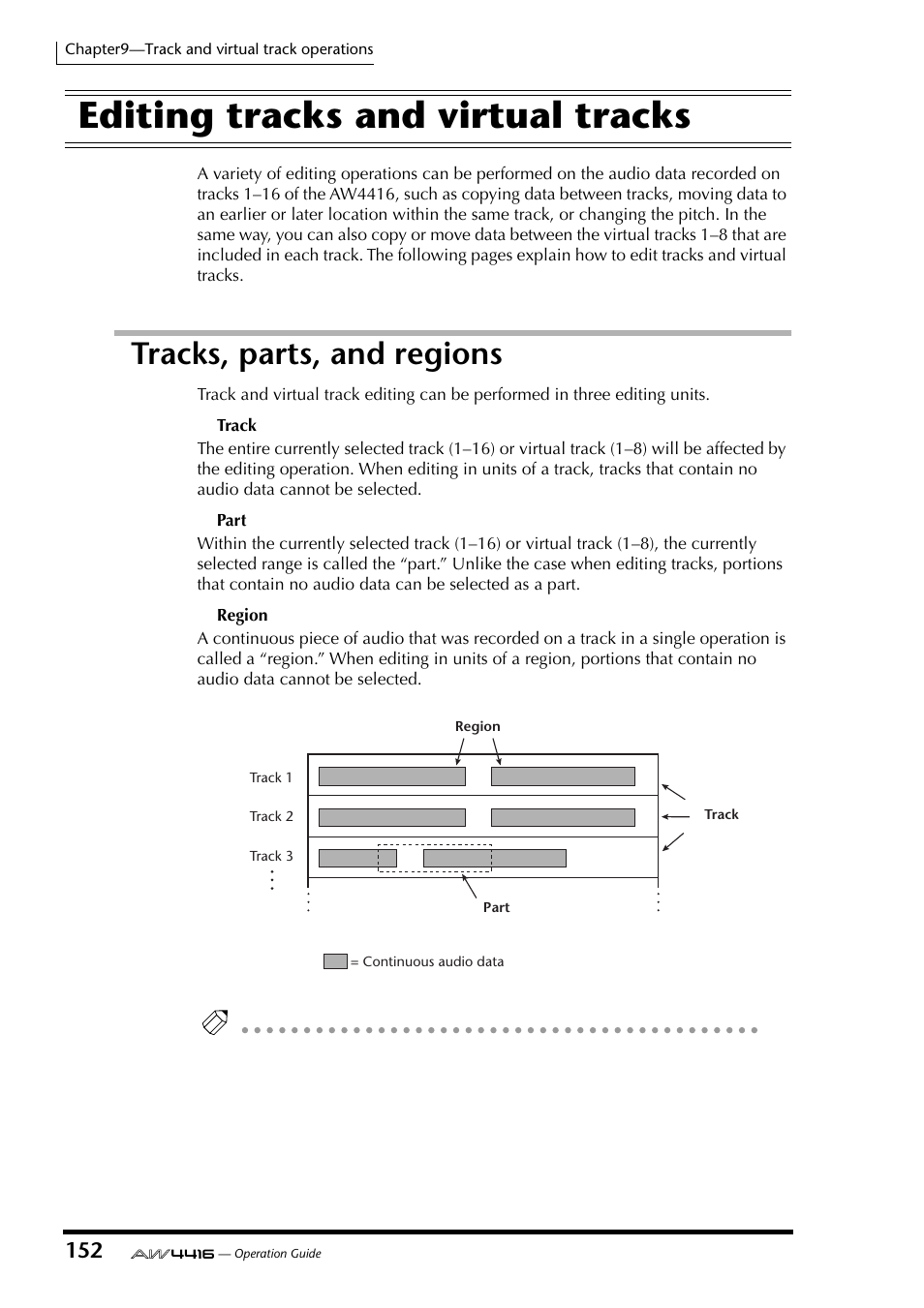Editing tracks and virtual tracks, Tracks, parts, and regions | Yamaha Professional Audio Workstation AW4416 User Manual | Page 167 / 507