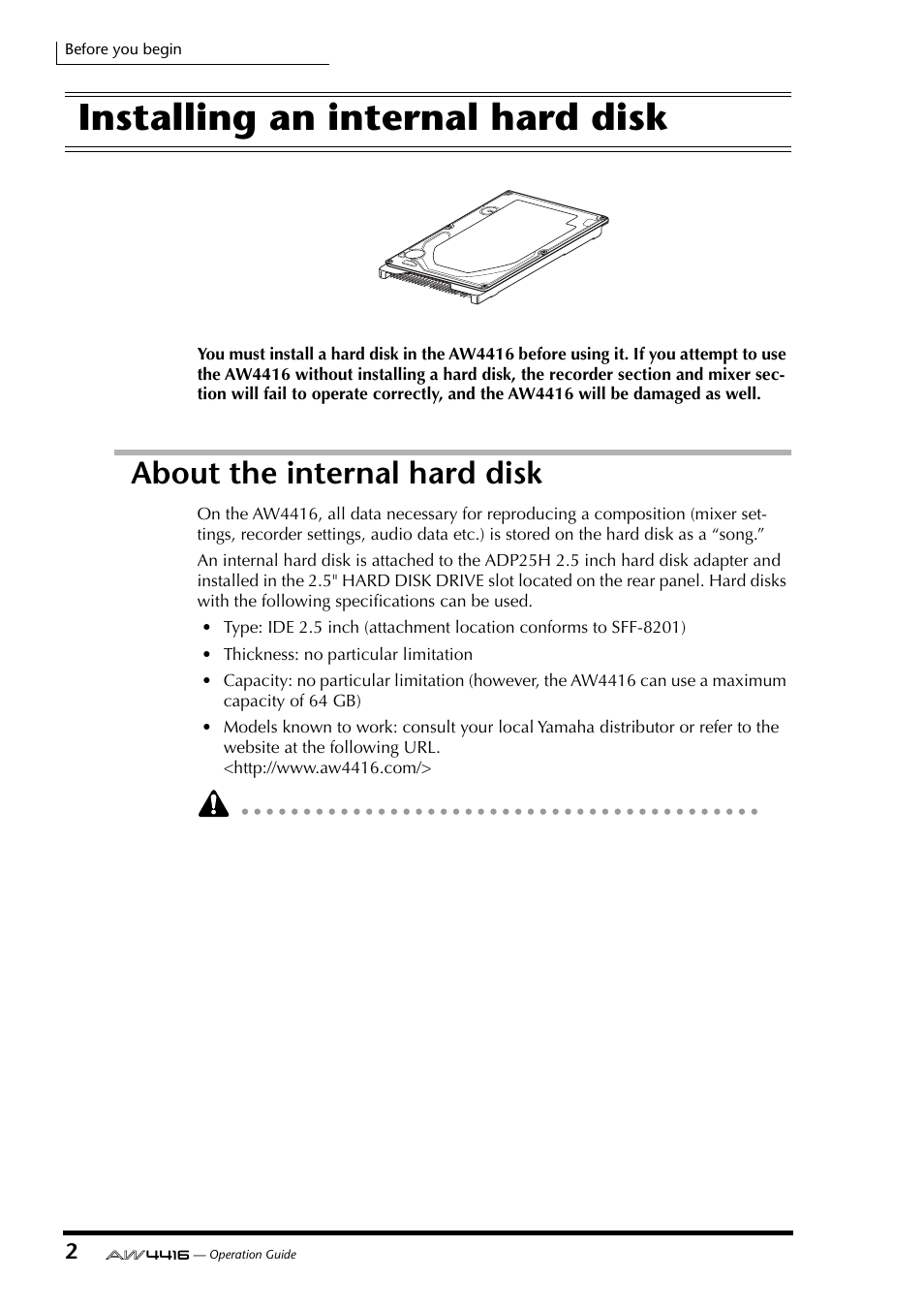 Installing an internal hard disk, About the internal hard disk | Yamaha Professional Audio Workstation AW4416 User Manual | Page 17 / 507