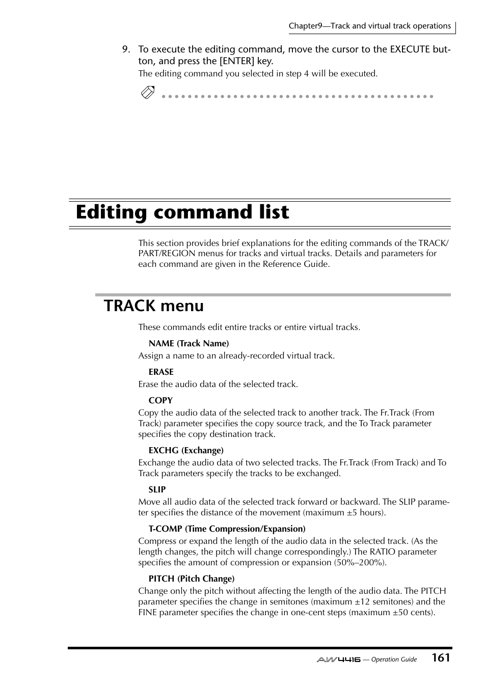 Editing command list, Track menu | Yamaha Professional Audio Workstation AW4416 User Manual | Page 176 / 507