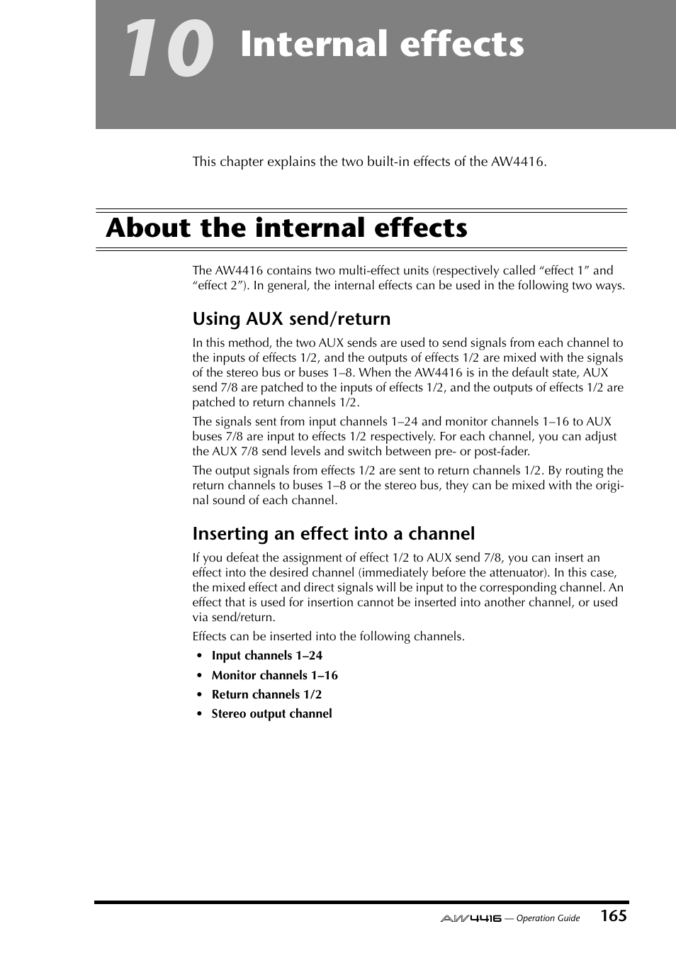10 internal effects, About the internal effects, Chapter 10 internal effects | Internal effects | Yamaha Professional Audio Workstation AW4416 User Manual | Page 180 / 507