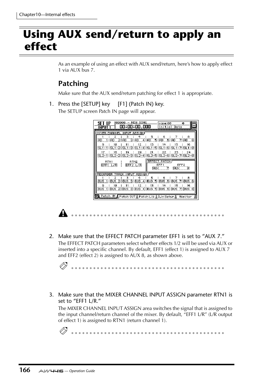 Using aux send/return to apply an effect, Patching | Yamaha Professional Audio Workstation AW4416 User Manual | Page 181 / 507