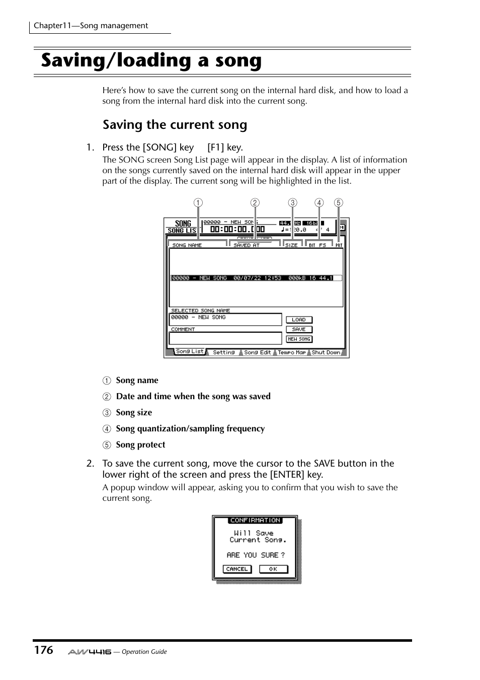 Saving/loading a song, Saving the current song | Yamaha Professional Audio Workstation AW4416 User Manual | Page 191 / 507
