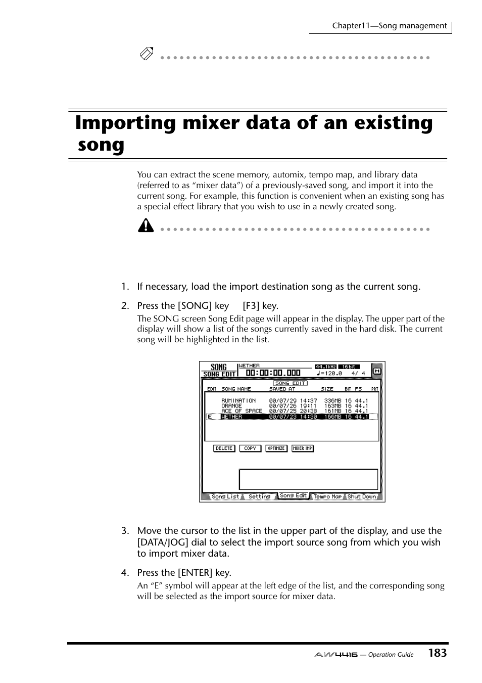 Importing mixer data of an existing song | Yamaha Professional Audio Workstation AW4416 User Manual | Page 198 / 507