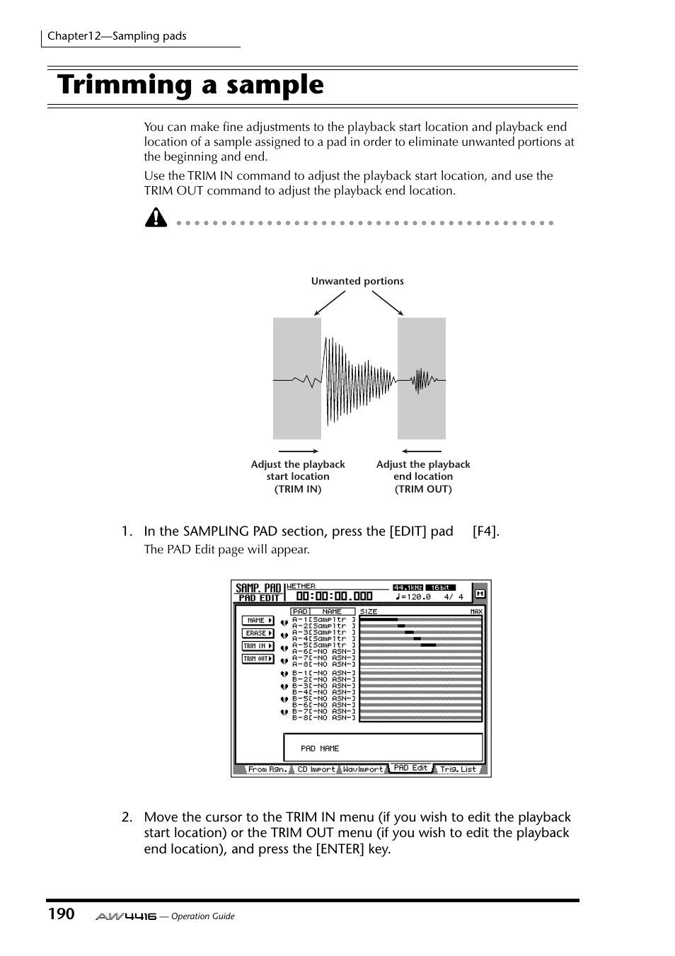 Trimming a sample | Yamaha Professional Audio Workstation AW4416 User Manual | Page 205 / 507