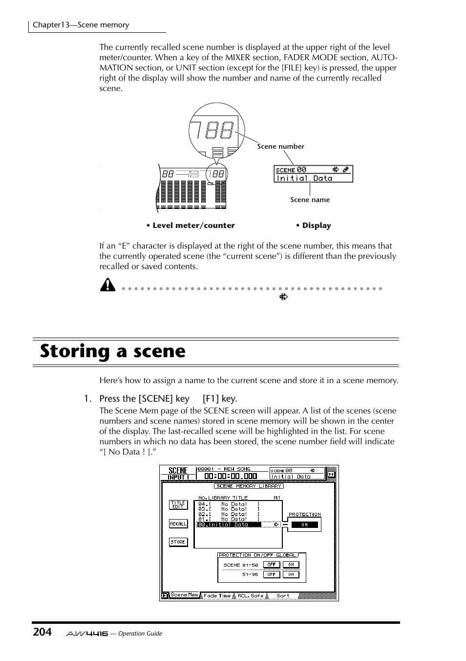 Storing a scene, Press the [scene] key → [f1] key, Level meter/counter • display | Scene number scene name, Operation guide, Tc scene | Yamaha Professional Audio Workstation AW4416 User Manual | Page 219 / 507