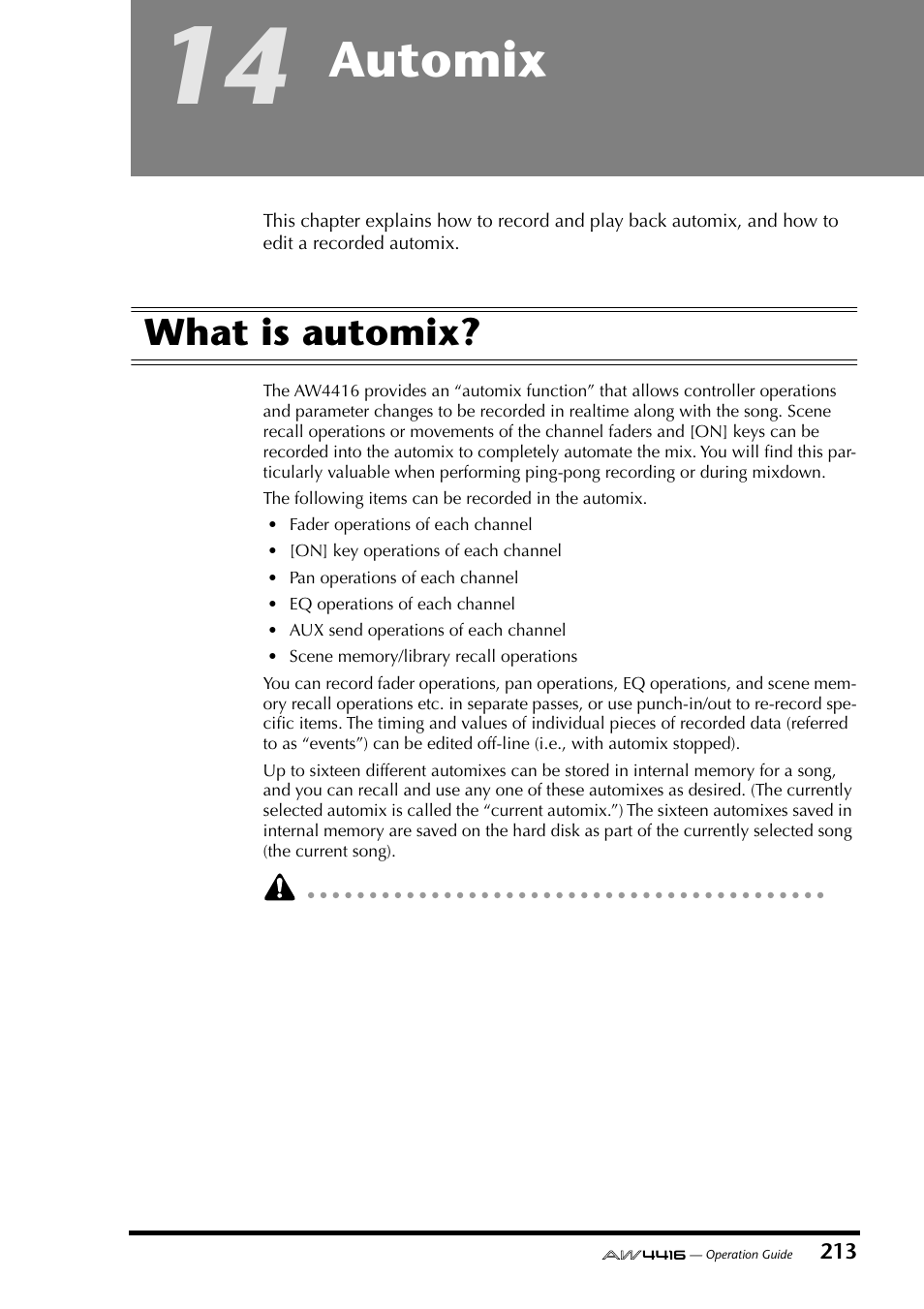 14 automix, What is automix, Chapter 14 automix | Automix | Yamaha Professional Audio Workstation AW4416 User Manual | Page 228 / 507