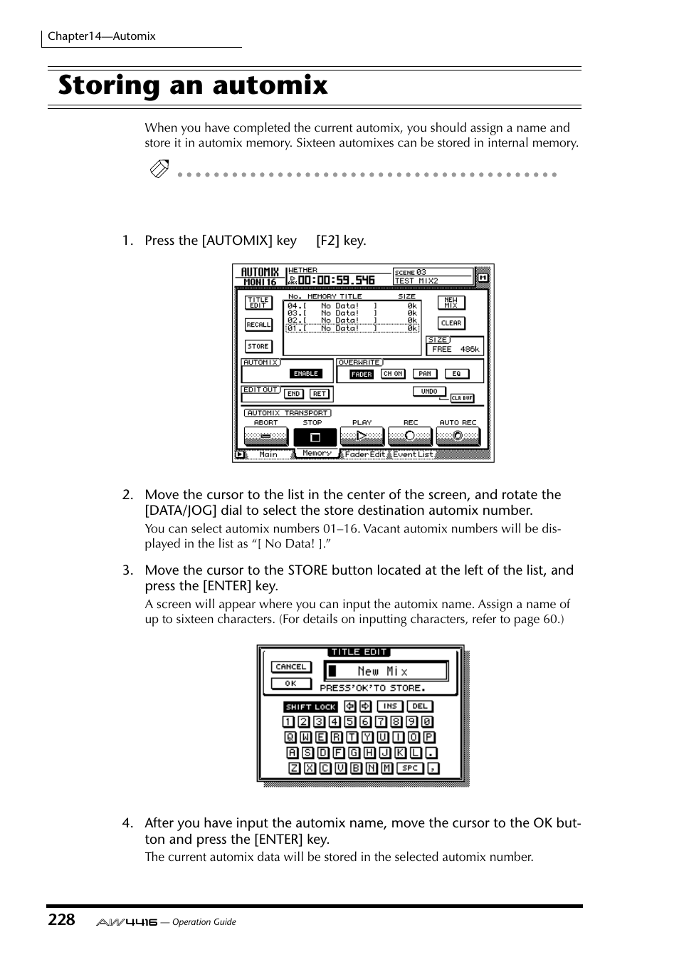 Storing an automix | Yamaha Professional Audio Workstation AW4416 User Manual | Page 243 / 507