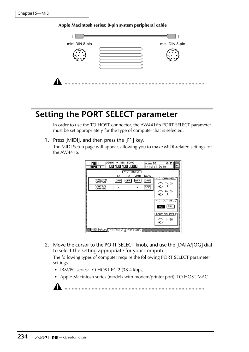 Setting the port select parameter, Press [midi], and then press the [f1] key | Yamaha Professional Audio Workstation AW4416 User Manual | Page 249 / 507