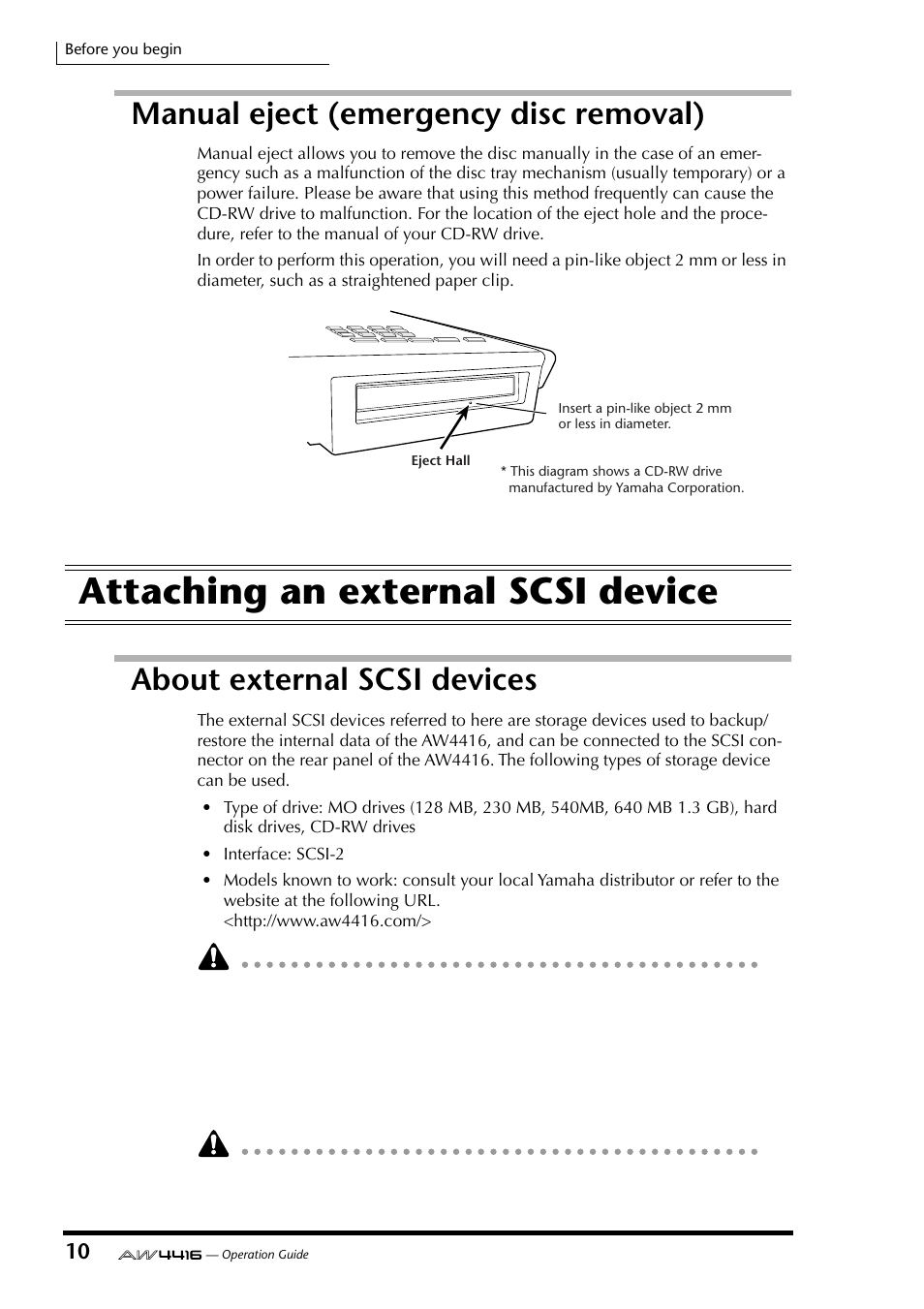 Manual eject (emergency disc removal), Attaching an external scsi device, About external scsi devices | Yamaha Professional Audio Workstation AW4416 User Manual | Page 25 / 507